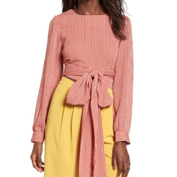 Wrap Tie Waist Striped Crop Top Blouse CHRISELLE X J.O.A. Elegant Feminine - Picture 1 of 16